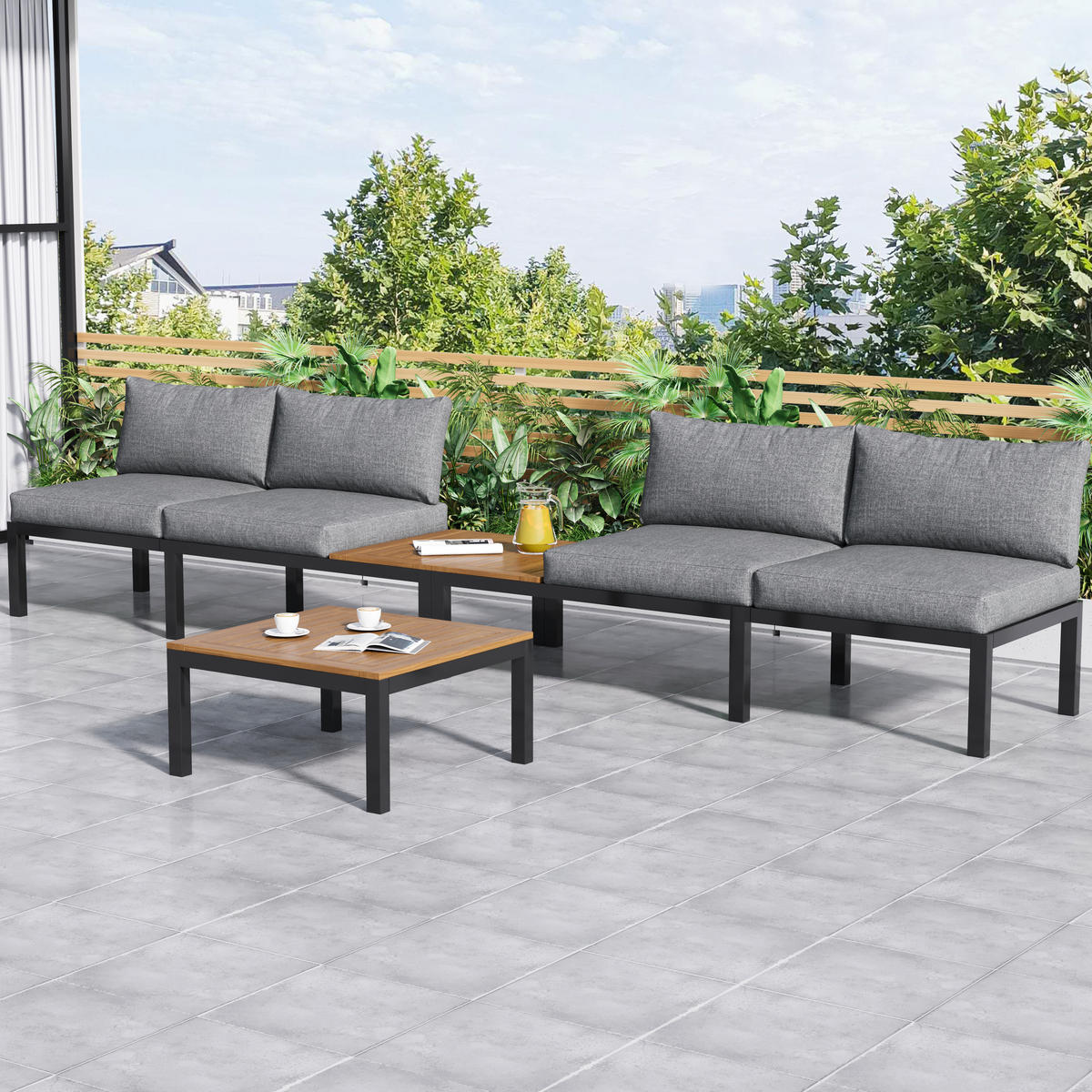 LOUNGESET Akazie Grau 2x Zweisitzer 2x Beistelltische 1x Tisch - Grau, Metall - FLIEKS