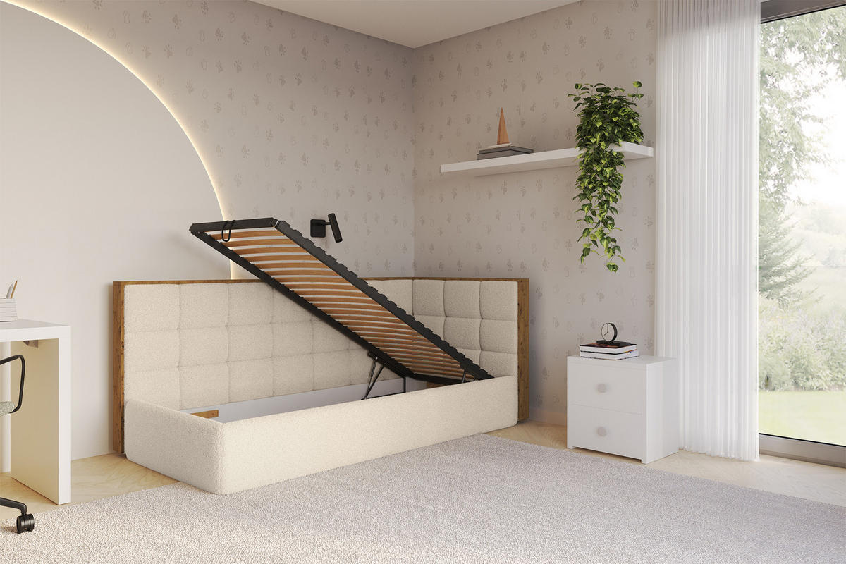 EINZELLBETT Jugendbett mit Bettkasten und Matratze H3/H4, Links - SOVY 90x200 Dunkelbeige - Cappuccino, Holzwerkstoff/Textil (90/200cm) - ALTDECOR