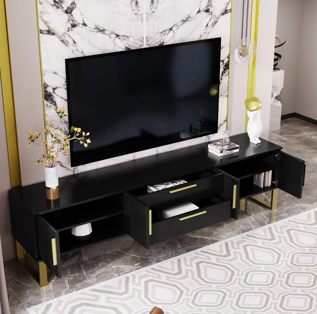TV-SCHRANK aus MDF 170x40x53,5 cm Schwarz mit 4 Türen, Kabeldurchlässen und Hochglanzoberfläche - Schwarz, Holzwerkstoff (170/53.5/40cm) - Modfu
