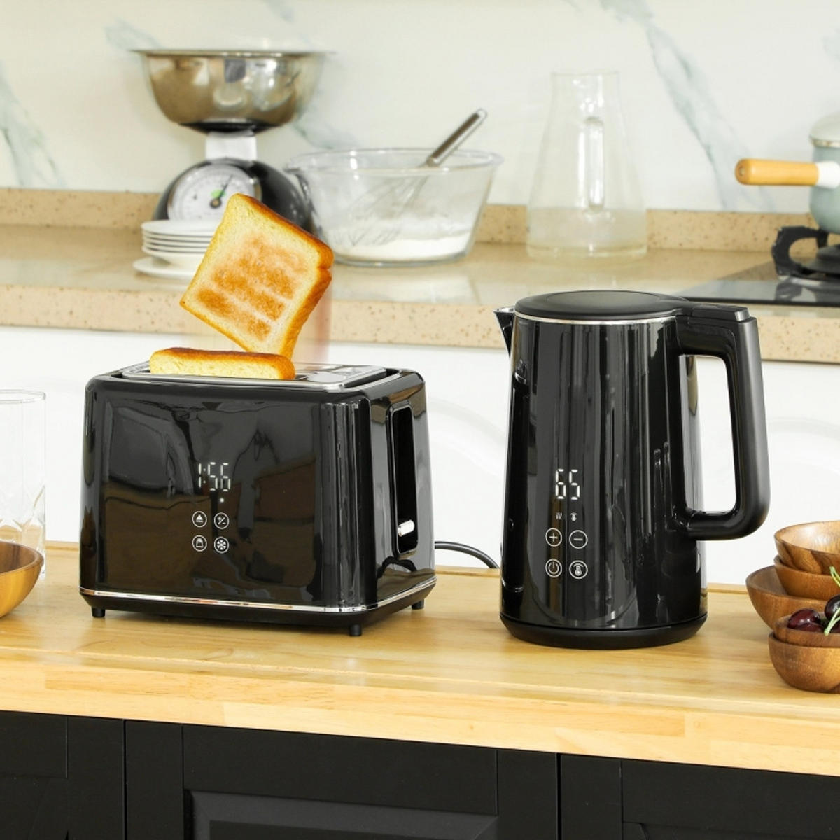 WASSERKOCHER-TOASTER SET 1,5L 2200W, Schwarz, 7 Bräunungsstufen, Auftaufunktion - Schwarz, Kunststoff (15.5/25.1/21.5cm) - Rolipo