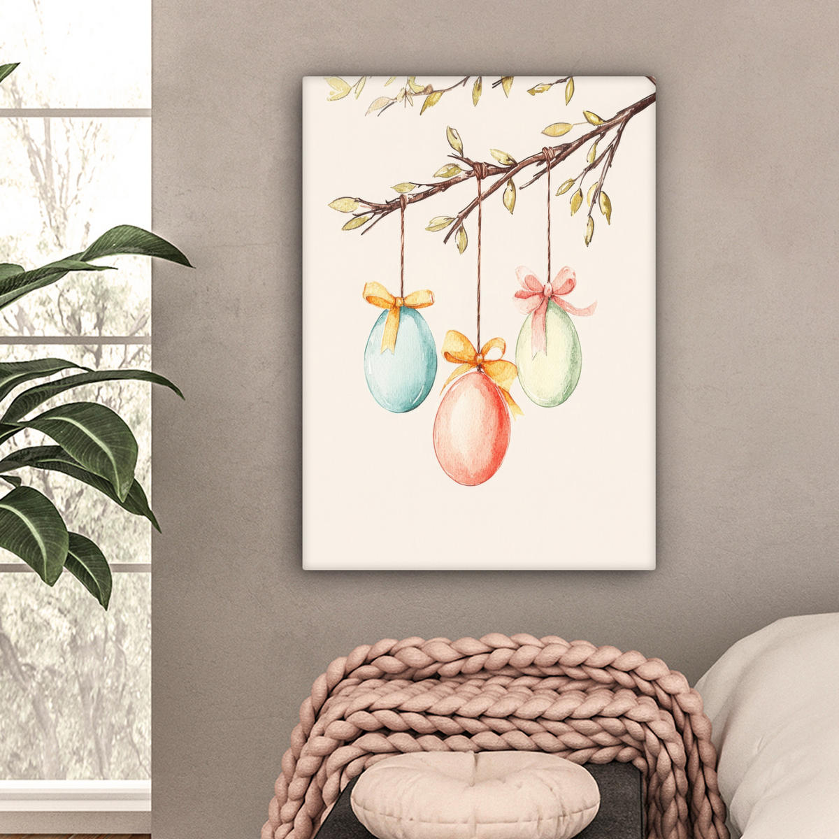 LEINWANDBILD Osterkuchen - Schleife - Eier Wandbild Wohnzimmer 60x80 cm - Creme, Textil (60/80cm) - MuchoWow