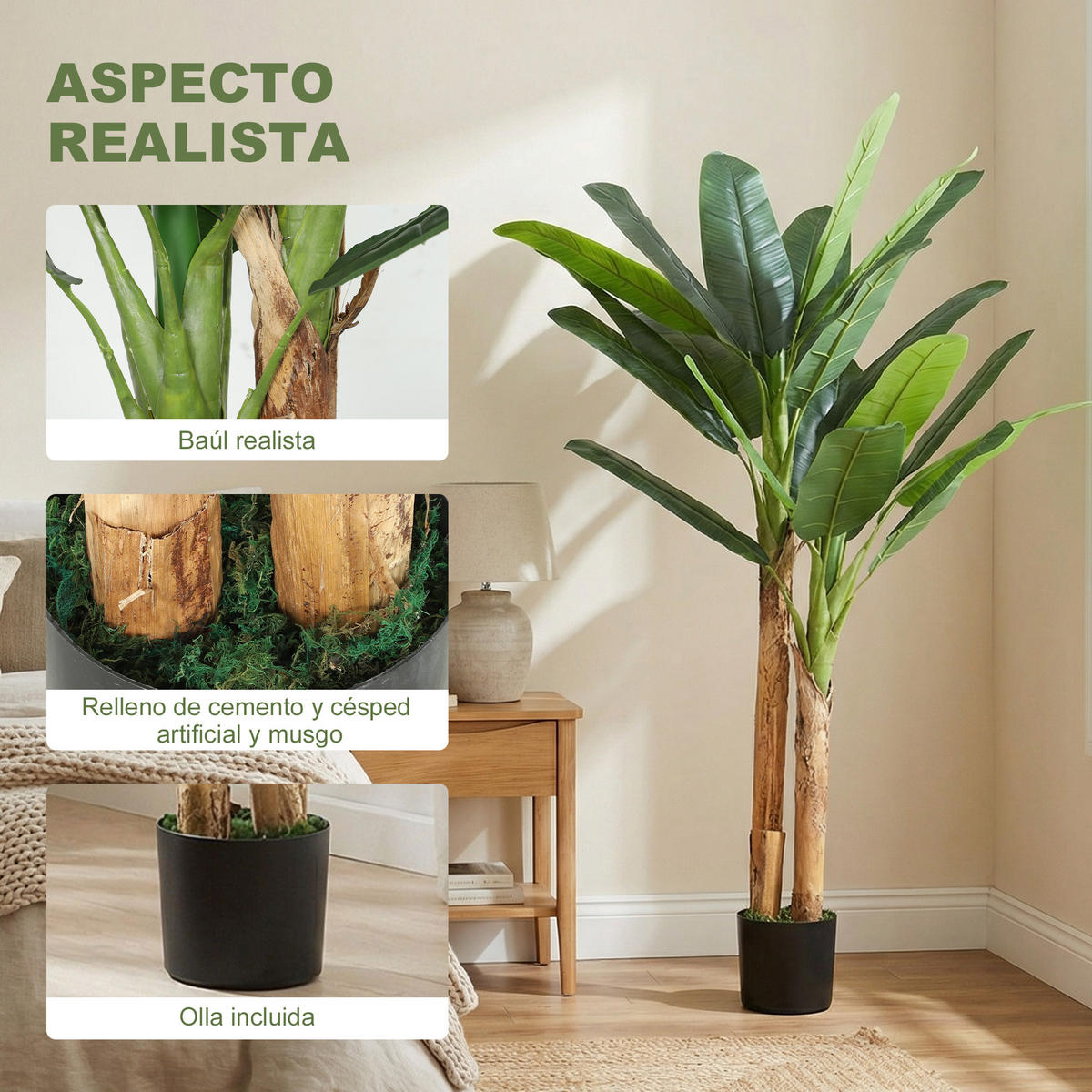 KUNSTPFLANZE, Künstlicher Bananenbaum 150 cm, 2 Stämme, mit Topf, für Zuhause & Büro, Grün - Multicolor, Kunststoff (150cm) - FORIOUS