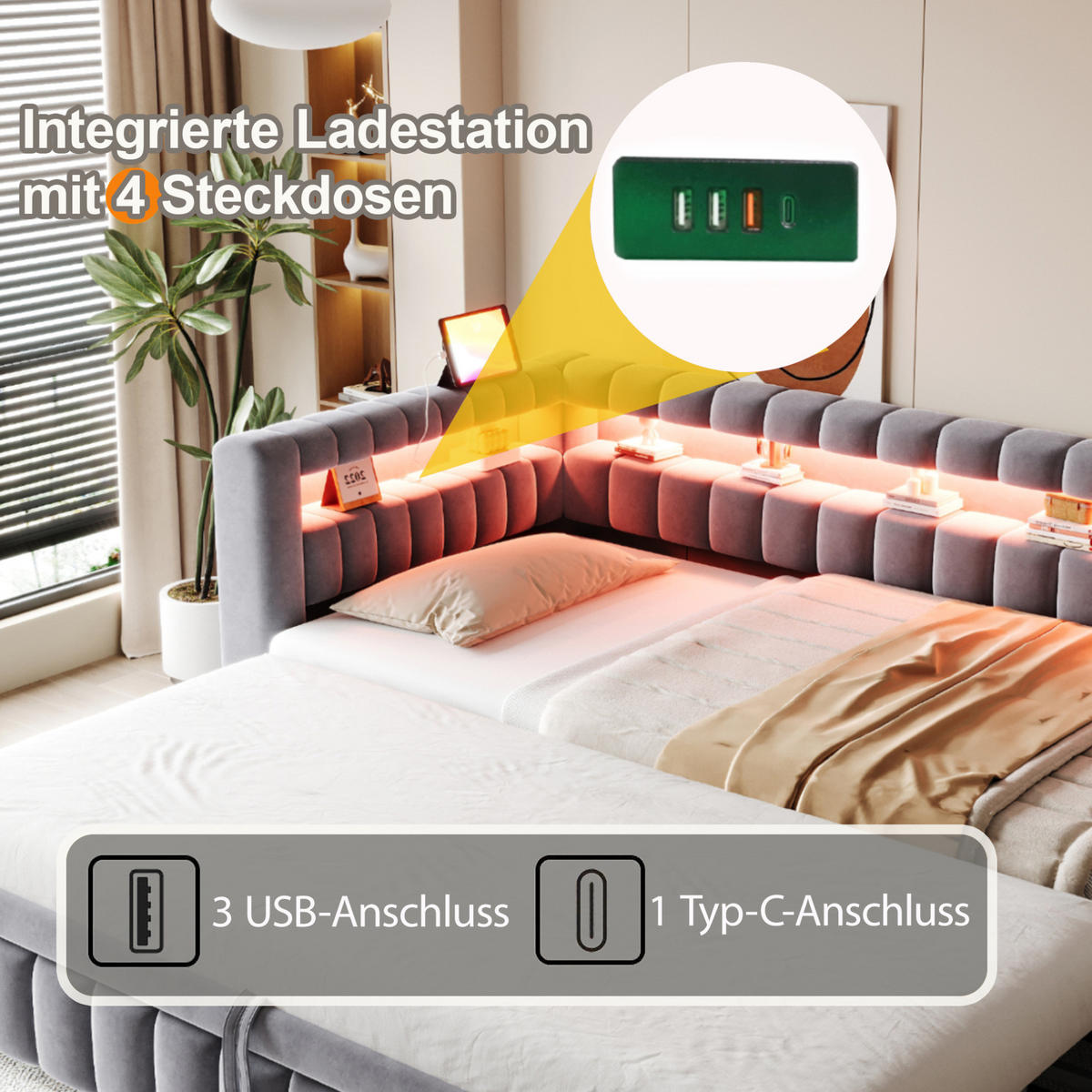 POLSTERBETT 90/200 cm aus Samt mit LED-Beleuchtung, Grau - Grau, Textil (90/200cm) - OKMYHOME