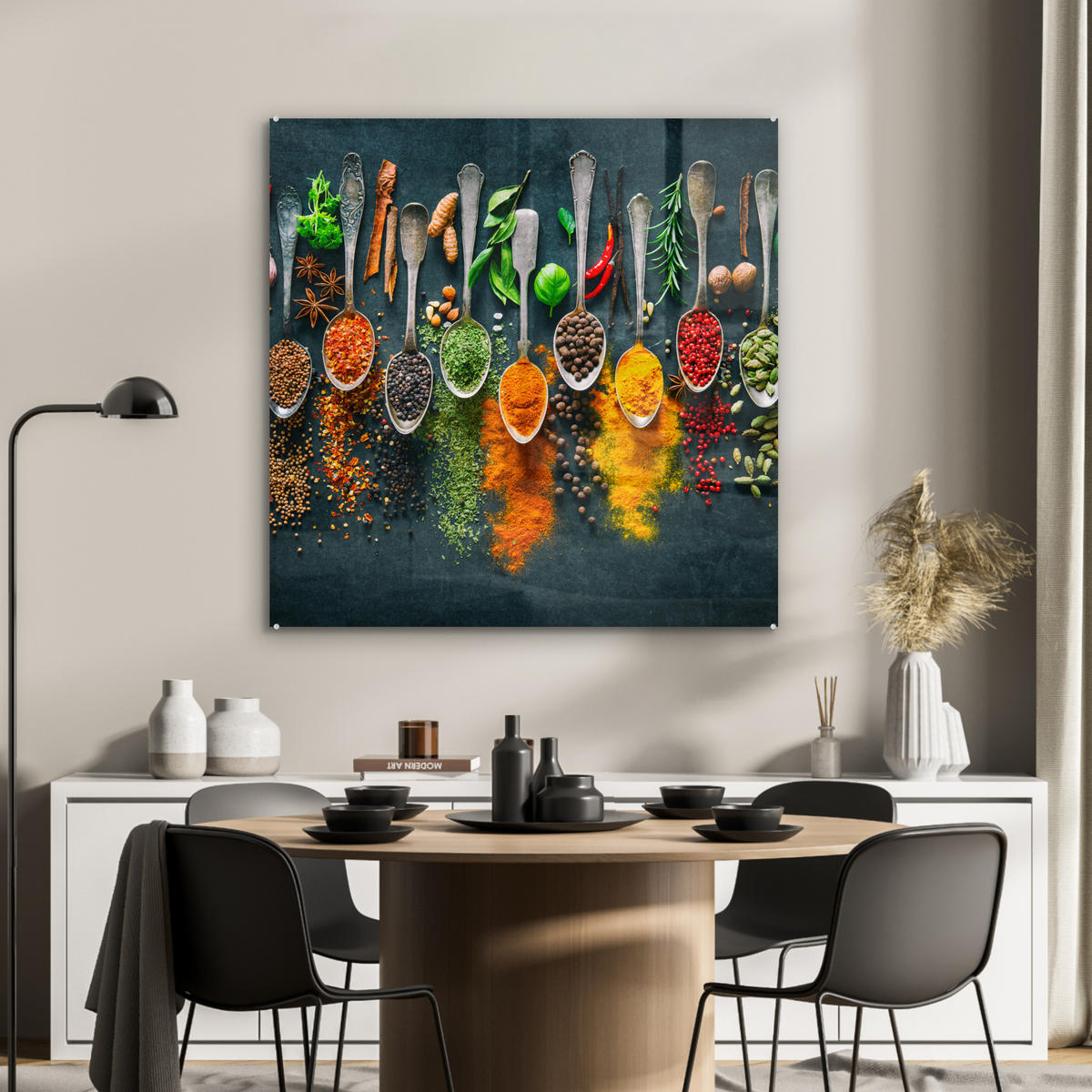 ACRYLGLASBILD Kräuter - Gewürze - Löffel 90x90 cm - Currygelb, Glas (90/90cm) - MuchoWow