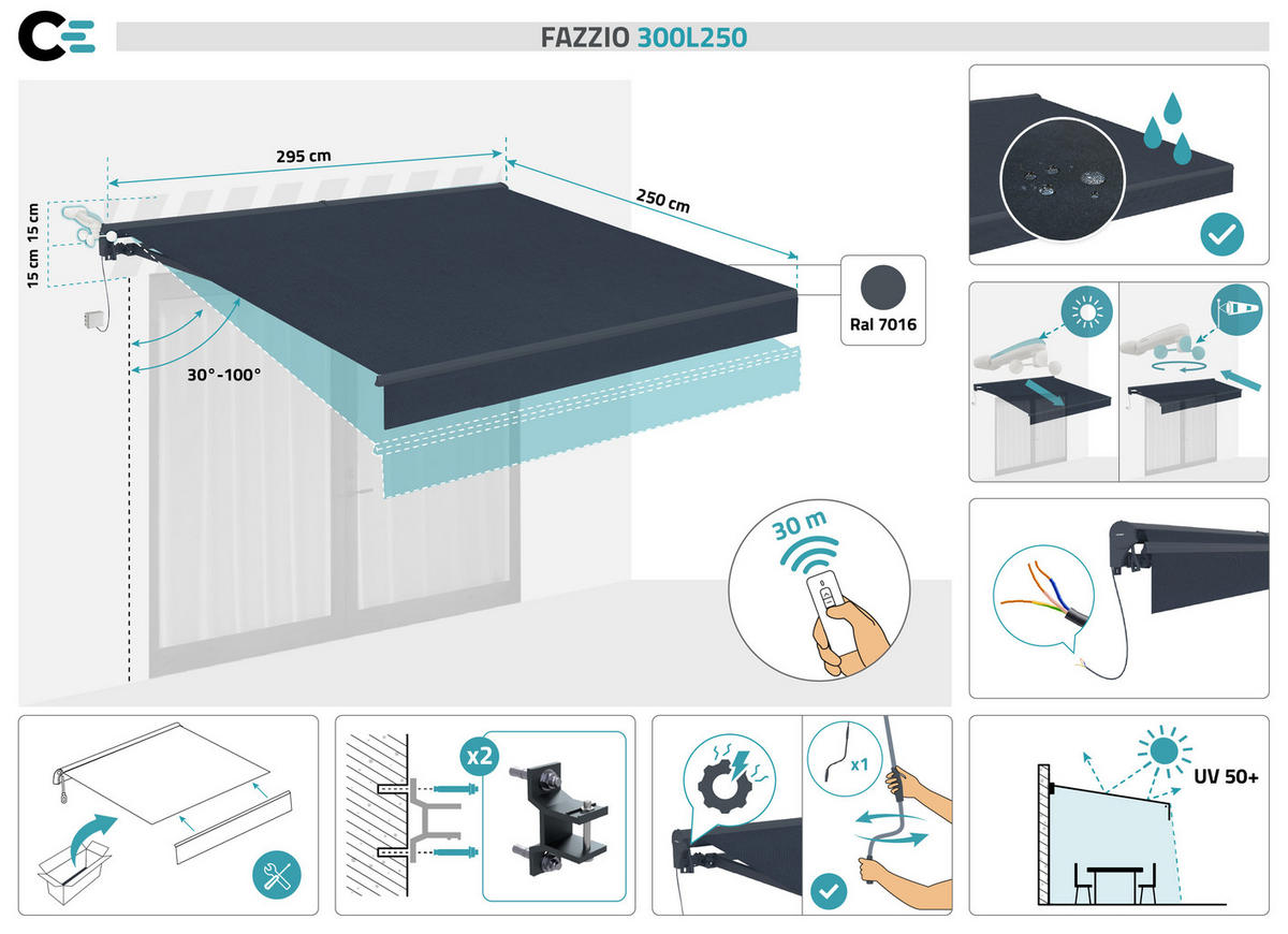 HALBKASSETTENMARKISE Fazzio Graue 3m x 2,5m motorisierte - Premium-Leinwand 320g/m² - Grau, Metall (300/270/250cm) - Cazeboo