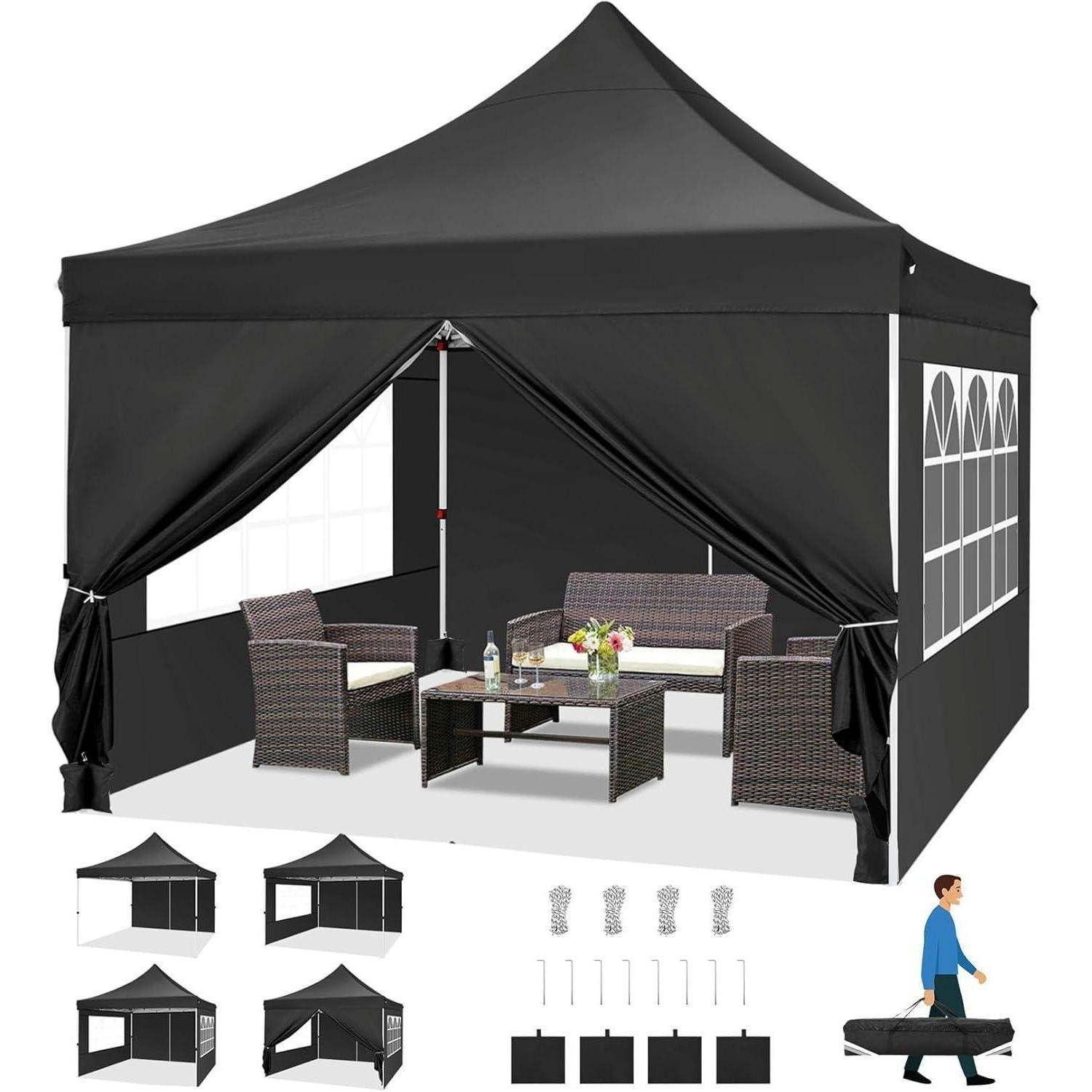 FALTPAVILLON 3 x 3 m Schwarz mit 4 Seitenwänden - Schwarz, Textil (299.7/320/299.7cm)