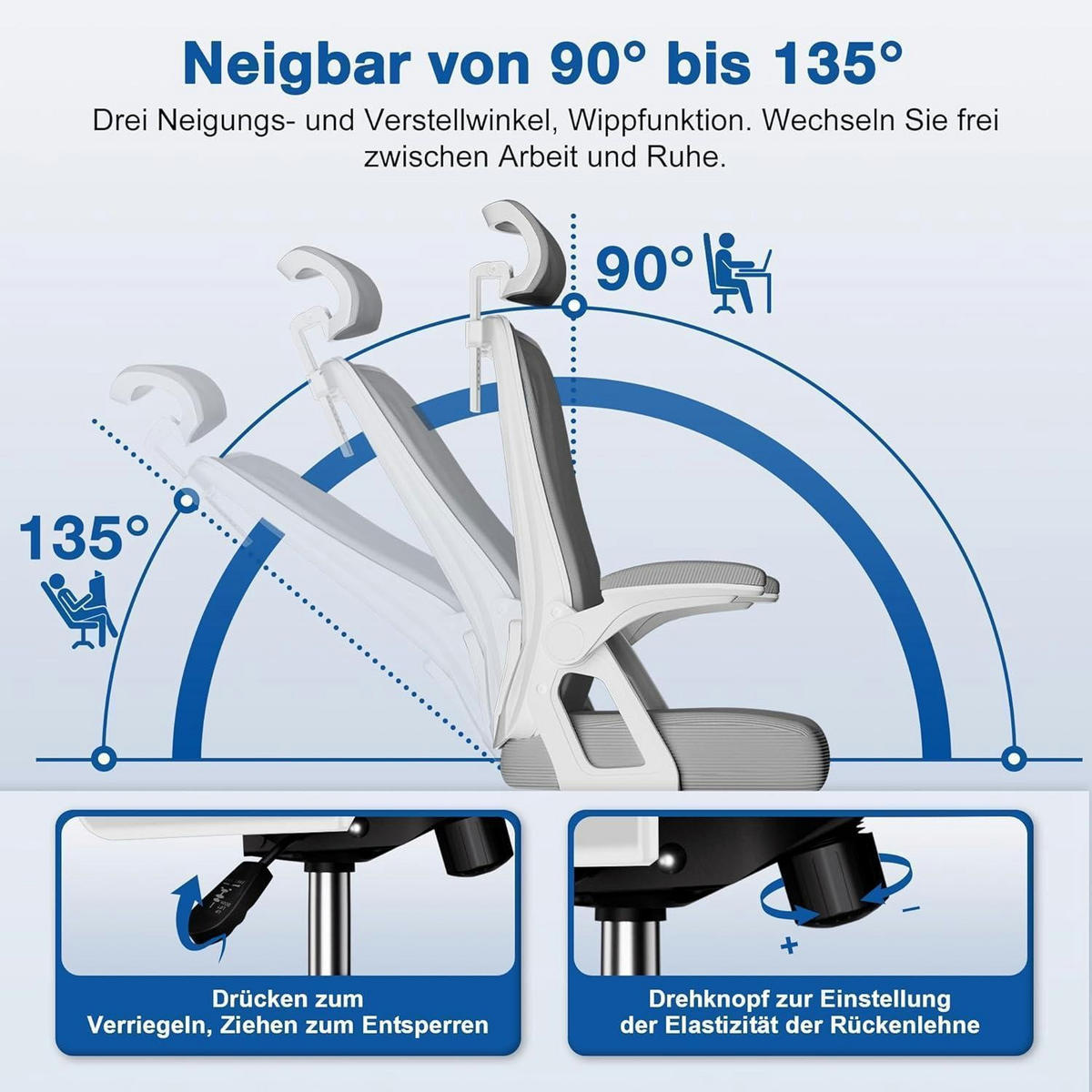 BÜROSTUHL Ergonomisch mit Kopfstütze und Lendenwirbelstütze Grau - Grau, Textil (60/128/60cm)