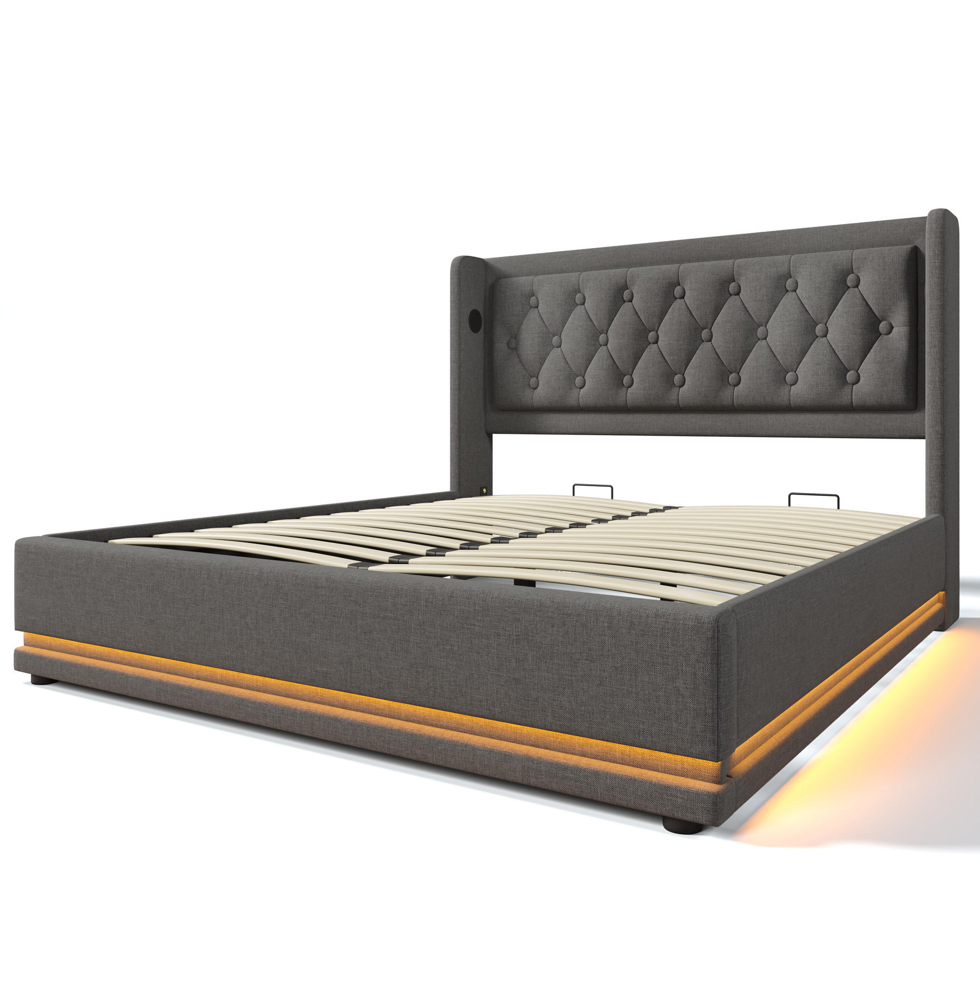 POLSTERBETT aus Baumwolle 160x200 cm Grau mit Bettkasten, LED-Beleuchtung und USB-/USB-C-Anschlüssen - Grau, Textil (160/200cm) - IVMEU