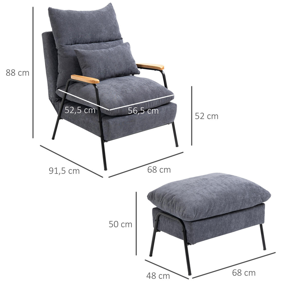 RELAXSESSELSET Grau - Grau, Metall (91.5/88/68cm) - HOMCOM