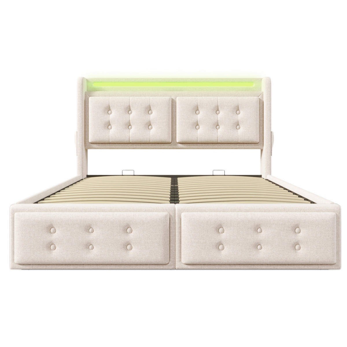 POLSTERBETT 160/200 cm mit LED-Beleuchtung, USB-C, Steckdose und hydraulischem Bettkasten aus Baumwoll-Leinenstoff, Beige - Beige, Textil (160/200cm) - Redom
