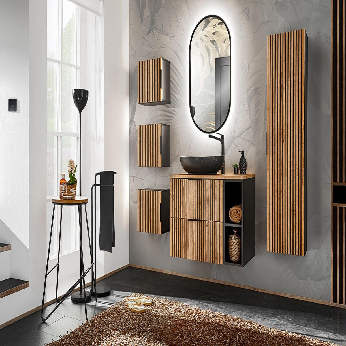 BADMÖBEL-SET 9 Teile - Xilo X BM05 - in Wotan Oak/Gray Rock - Eiche Wotan/Schwarz, Holz/Metall (80/140/46.5cm)
