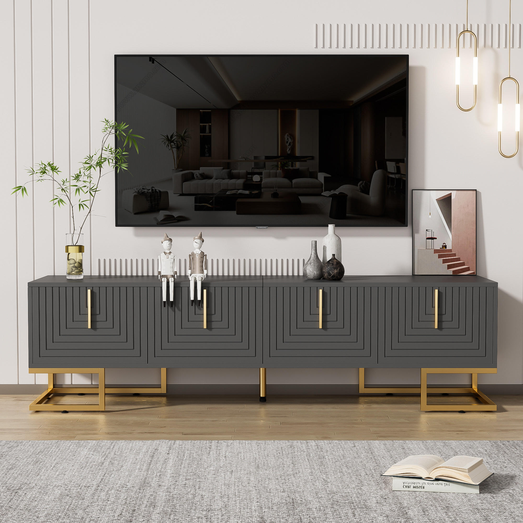 TV-SCHRANK Lowboard 3D Türen Goldgriffe - Grau, Holzwerkstoff (170/45.5/40cm) - Fortuna Lai