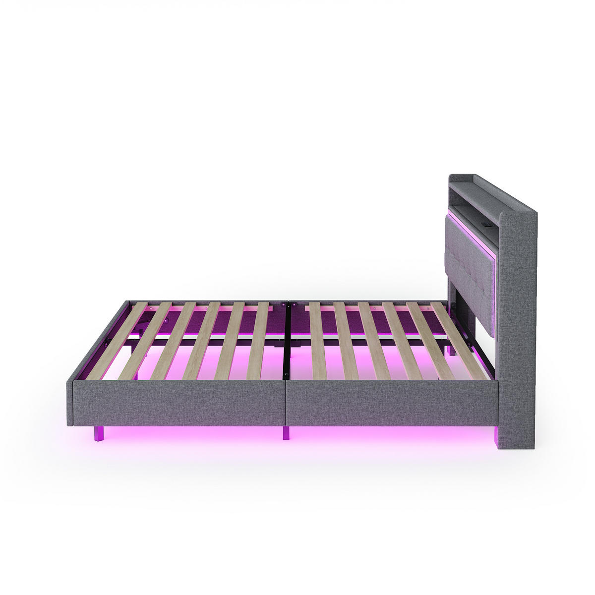 POLSTERBETT 140/200 cm grau mit USB-Steckdose und LED-Beleuchtung - Grau, Textil (140/200cm) - OKWISH