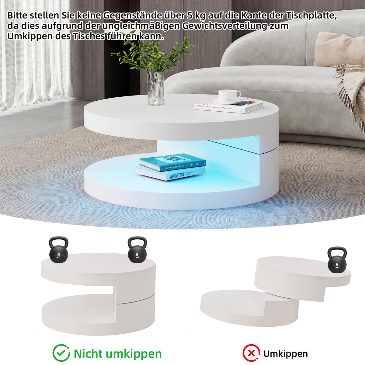 COUCHTISCH Weiß drehbar mit LED 70/70/35,5 cm - Weiß, Holzwerkstoff (70/70/35.5cm) - PANGIVO