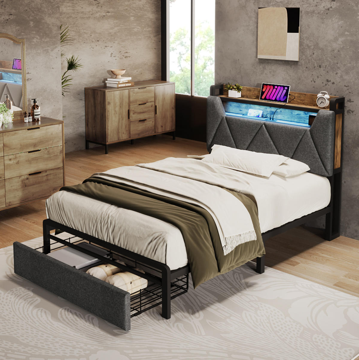 POLSTERBETT 90/200 cm mit LED, USB-C, Stauraum-Kopfteil, Schublade und Matratze, Grau - Grau, Textil (90/200cm) - Redom
