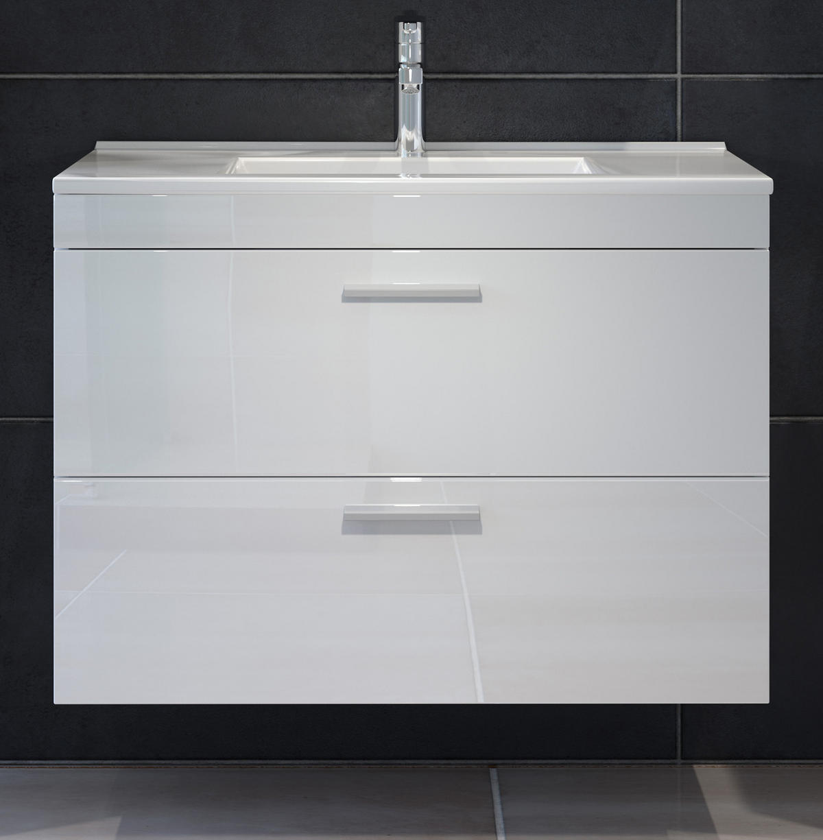 WASCHBECKENUNTERSCHRANK mit Waschbecken weiß Hochglanz, Waschtisch hängend 81 x 59 cm - Weiß Hochglanz/Silberfarben, Holzwerkstoff/Kunststoff (81/59/47cm) - Top.Furn