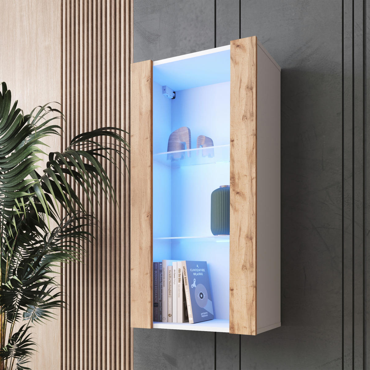 HÄNGEVITRINE TIVOLI Vertical 100, Wotan, LED Blau - Eiche Wotan/Weiß, Glas/Holzwerkstoff (50/100/29.5cm) - Komodee
