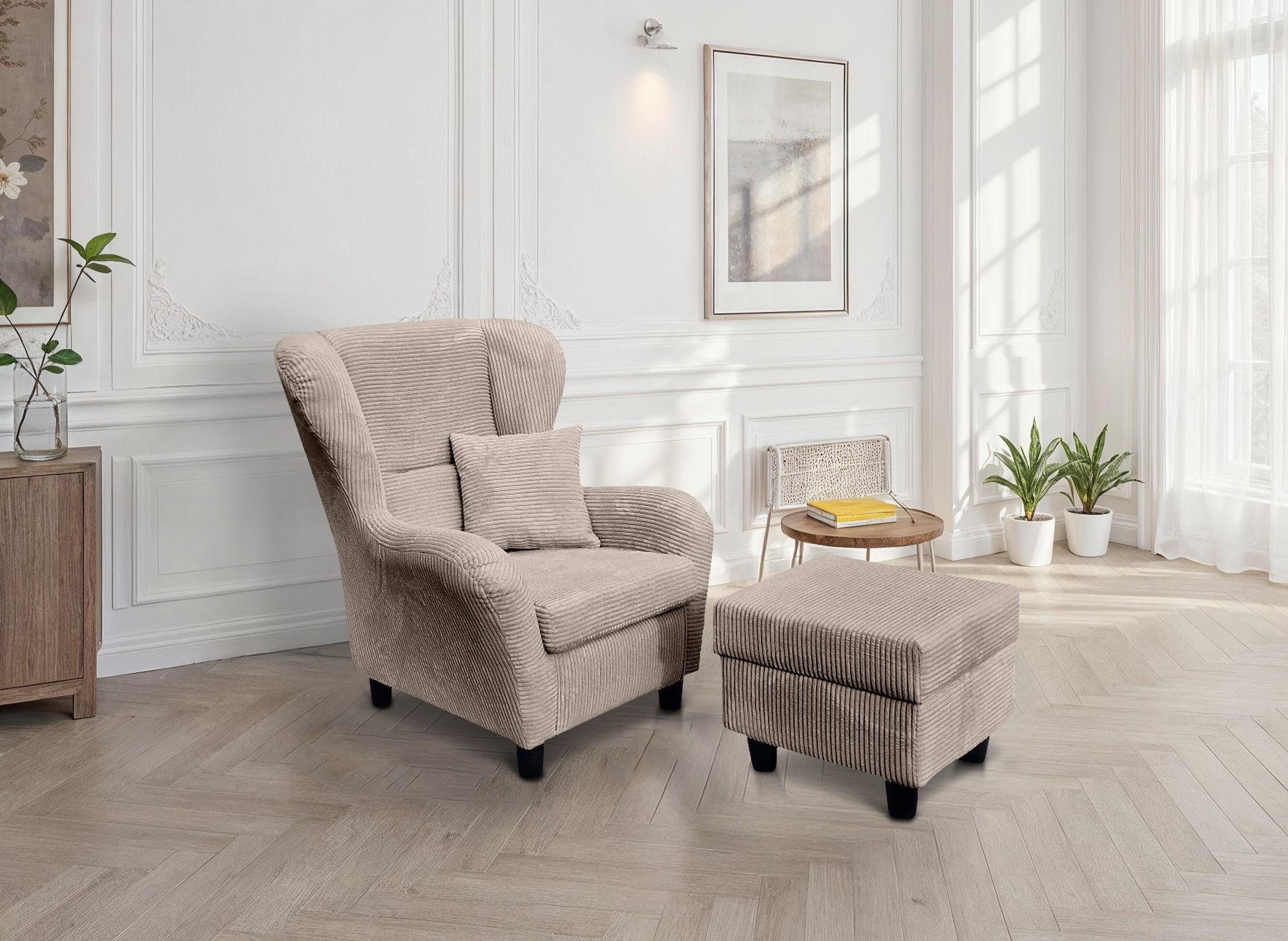 OHRENSESSEL mit HOCKER, hoher Sitzkomfort durch Wellenunterfederung B90/H98/T76 cm, Cord Braun Taupe / 18020 - Taupe/Schwarz, Holz/Textil (90/98/76cm) - luma-home