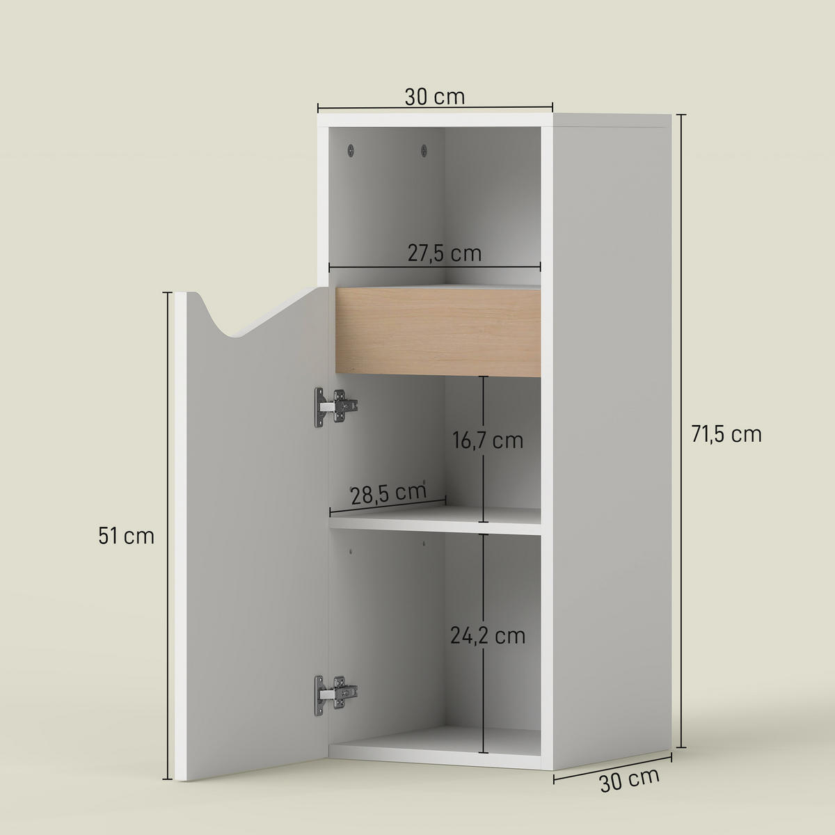 BADEZIMMERSCHRANK Schmal Badschrank mit Verstellbaren Ablagen, offenem Fach - Weiß, Holzwerkstoff (30/71.5/30cm) - HOMCOM