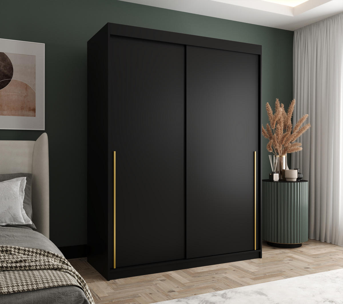 SCHIEBETÜRENSCHRANK 150 cm Breite, Schwarz mit goldenem Griff - Goldfarben/Schwarz, Holzwerkstoff (150/200/62cm) - Home Collective