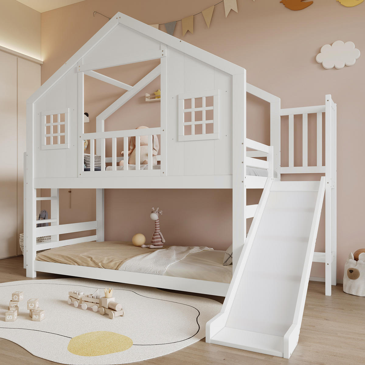 ETAGENBETT 90/200 cm mit Rutsche, Fenster- und Dachdesign aus Massivholz und MDF, Weiß - Weiß, Holz (90/200cm) - Redom