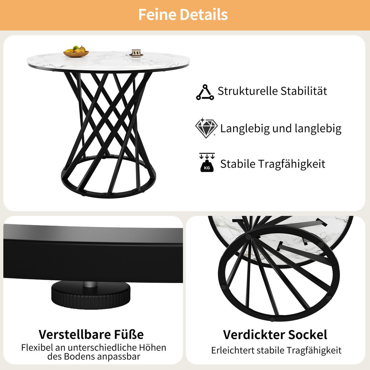 ESSTISCH 80/80/76 cm schwarz weiß mit verstellbaren Bodengleitern aus MDF und Metall - Schwarz, Holzwerkstoff (80/80/76cm) - OKWISH