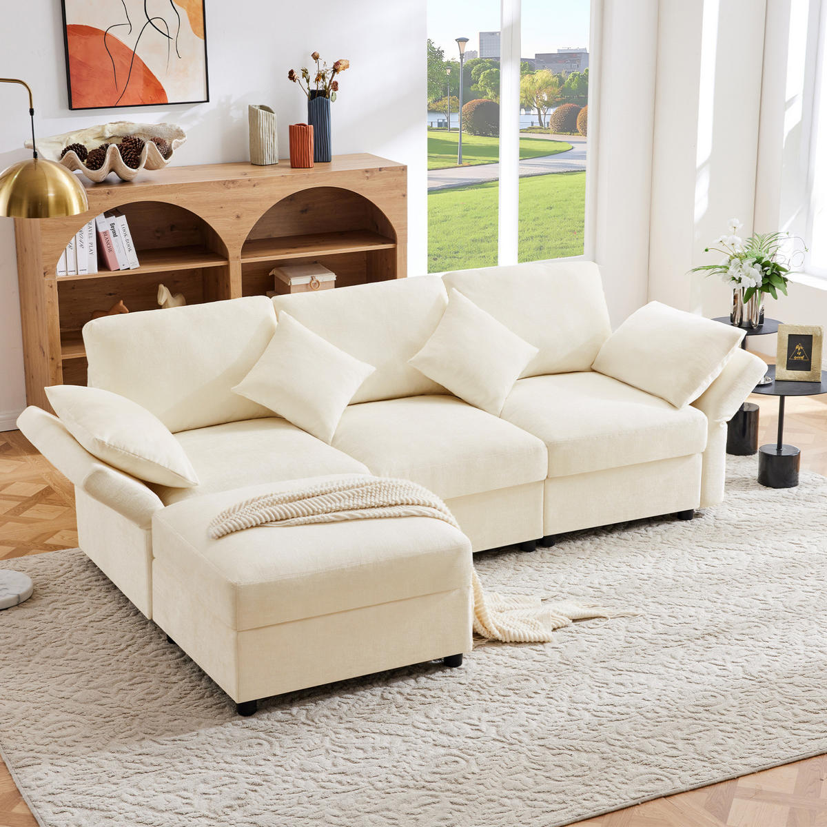 ECKSOFA, Chenille mit verstellbaren Armlehnen & Hocker, 218/156,5/86 cm, Beige - Beige, Textil (156.5/218cm) - Redom