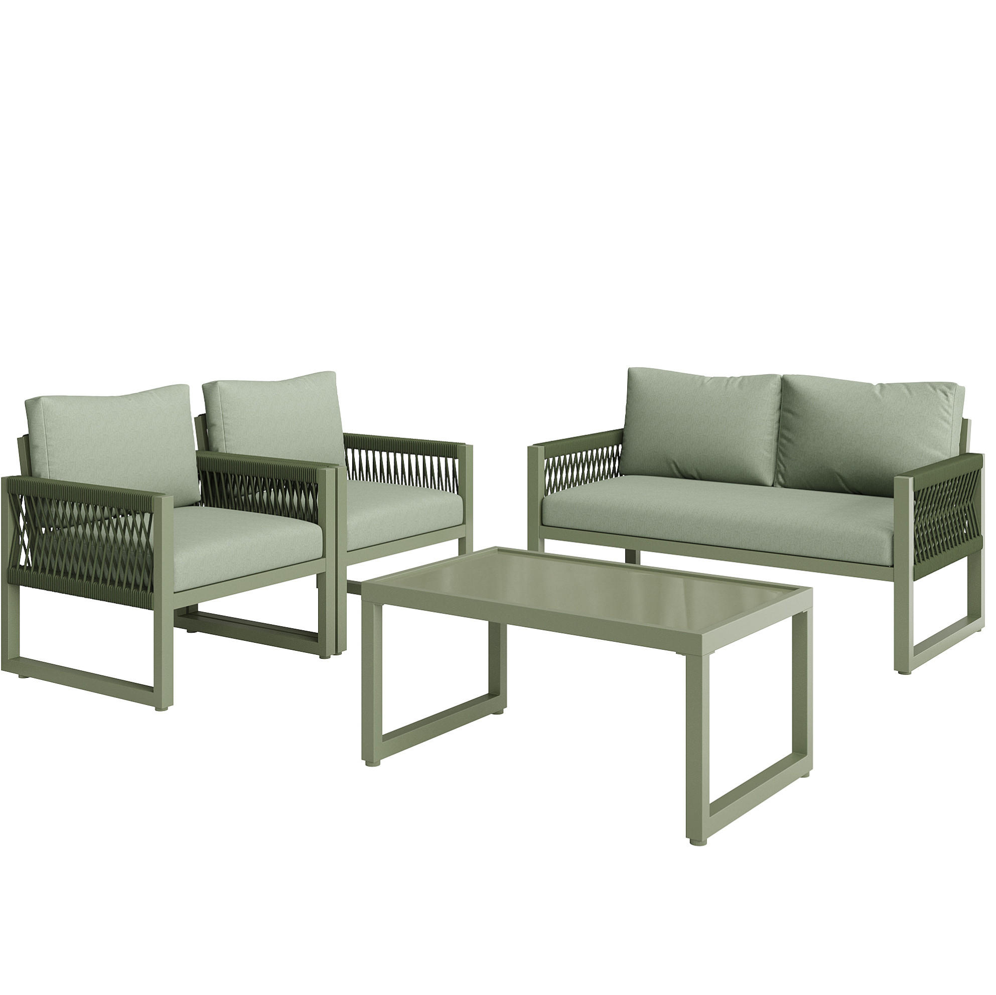 GARTEN-LOUNGE-SET mit Glas-Couchtisch & Seilgeflecht, 4-teilig, 126/65/72 cm, Grün - Grün, Metall - Redom