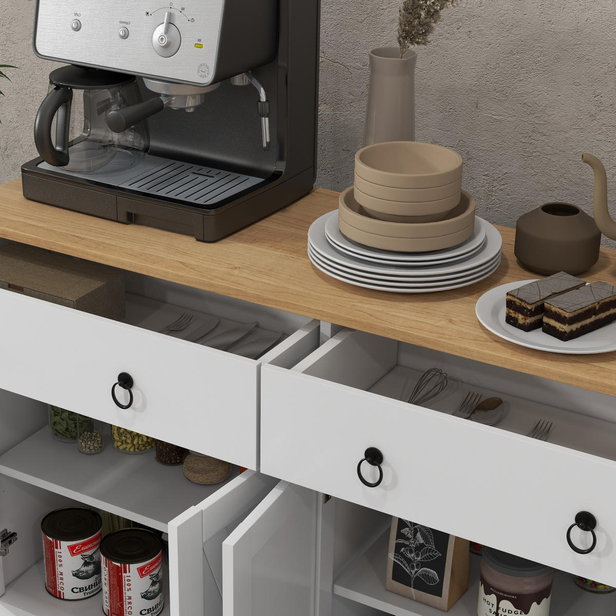 SIDEBOARD DE-11078 Landhausstil, 2 Schubladen Weiß - Weiß, Holzwerkstoff (121/75/37cm) - ComfortXL
