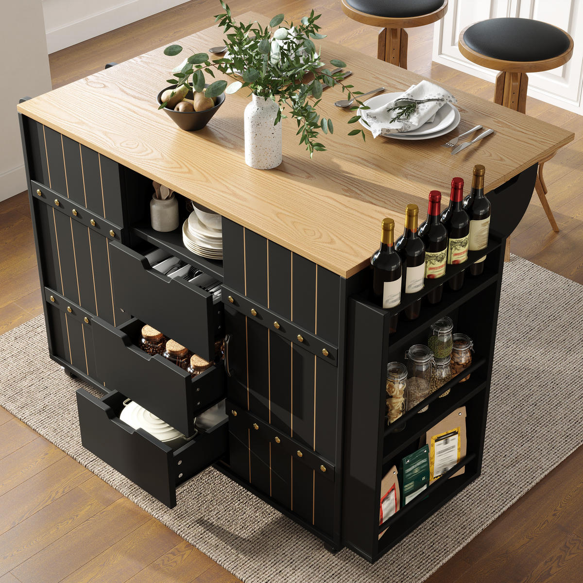 KÜCHENINSEL in Schwarz Küchenwagen mit Holzmaserung, Rollen, Arbeitsplatte,Gewürzregal und Handtuchhalter,B110/T42/H90cm - Schwarz, Holzwerkstoff/Metall (110/90/42cm) - STILVORA