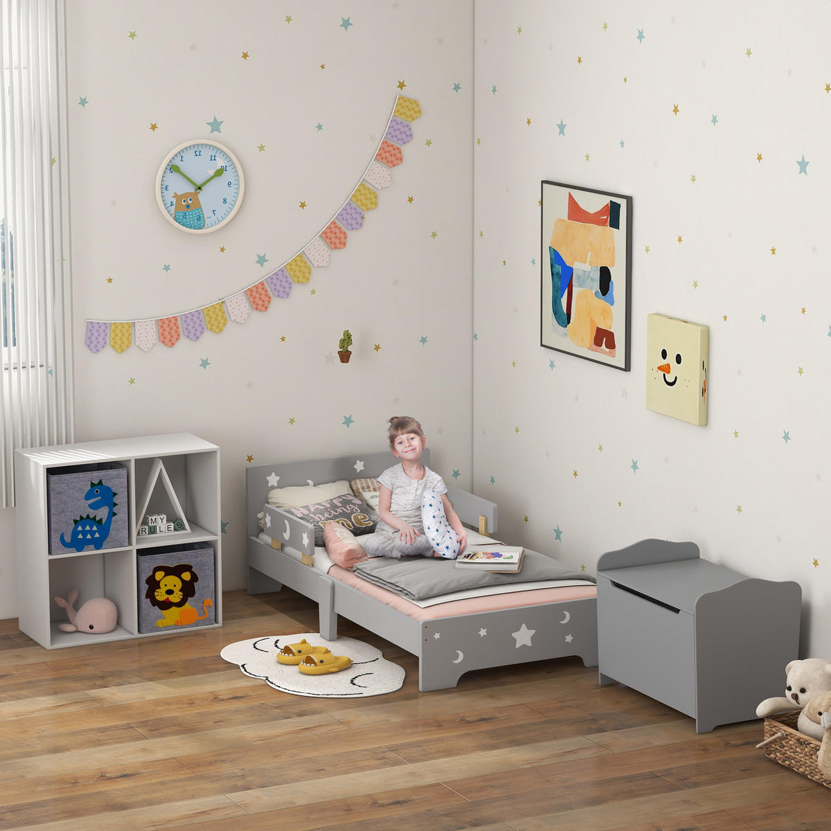KINDERBETT 140x70 cm DE-14557 mit Sternen- und Mond-Design, inkl. Lattenrost Grau - Grau, Holzwerkstoff (70/140cm) - ComfortXL
