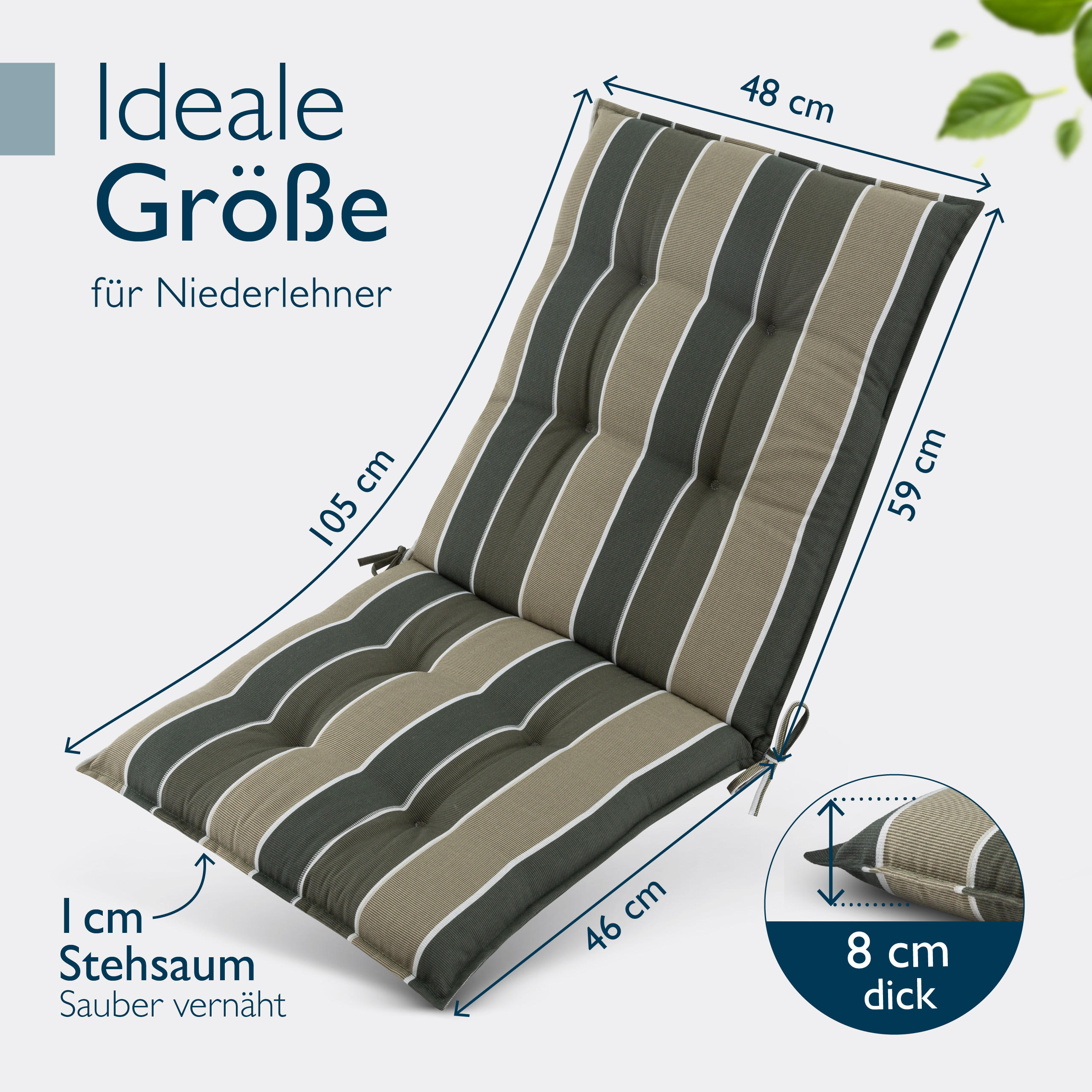 NIEDERLEHNERAUFLAGE Sun-NL 105/50/8cm Grün-Gestreift - Multicolor, Textil (50/8/105cm) - Beautissu 