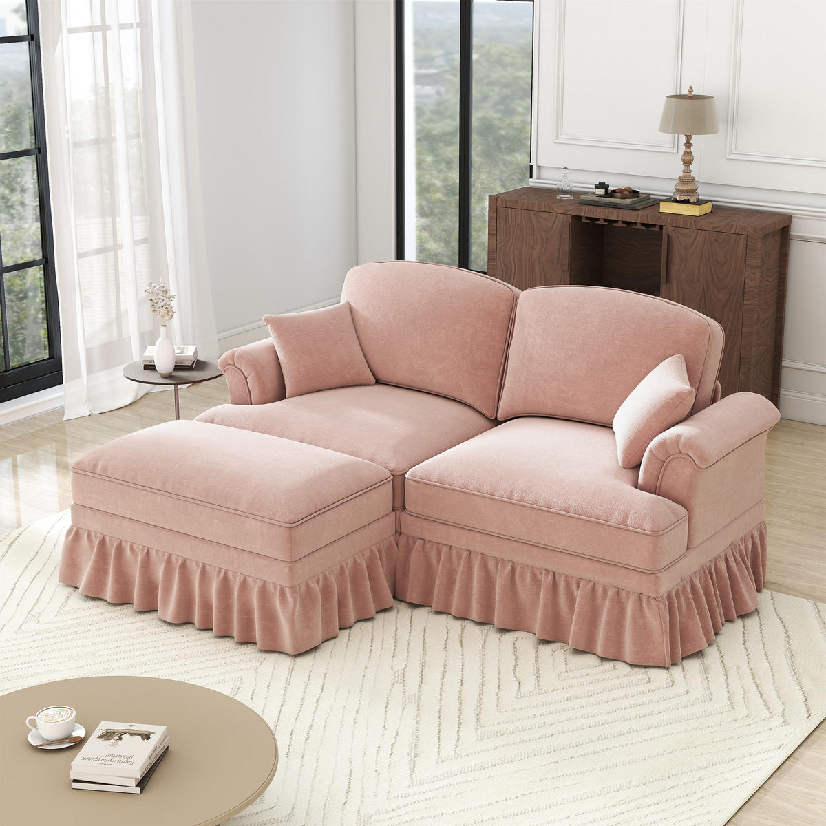 MODULARES Ecksofa Chenille mit Hocker und 2 Looks durch Rüschen 194/140/93 cm Rosa - Rosa, Textil (140/194cm) - Redom