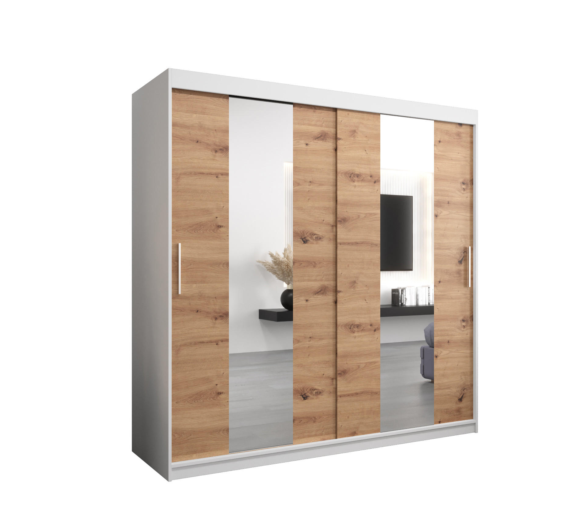 Abiks Möbel Schwebetürenschrank Weiß, Eiche Artisan 200x200x62 cm
