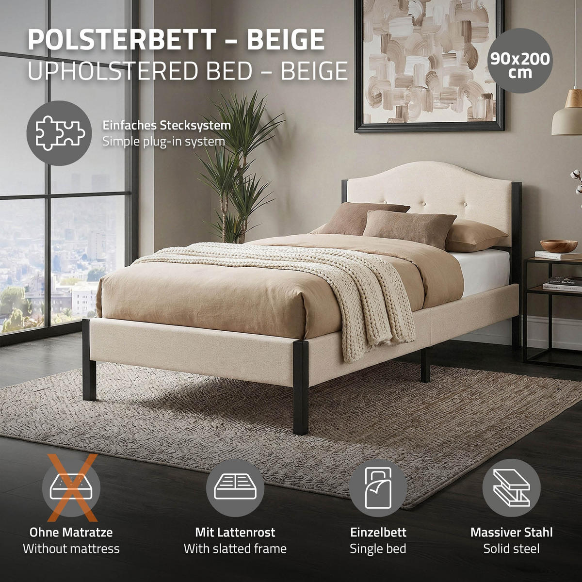 POLSTERBETT 90x200 cm Beige mit Lattenrost und Leinenstoff - Beige, Holzwerkstoff/Textil (90/200cm) - ML-DESIGN