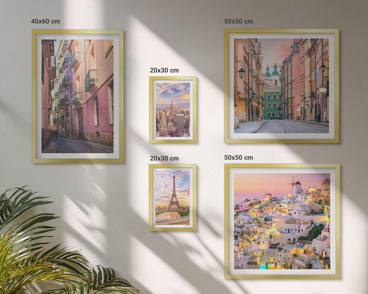 BILDER SET 5er Set - 50x50 cm & 20x30 cm & 40x60 cm Goldrahmen - New York Paris Oia Warschau Dämmerung - Goldfarben, Kunststoff (40/60cm) - TULUP