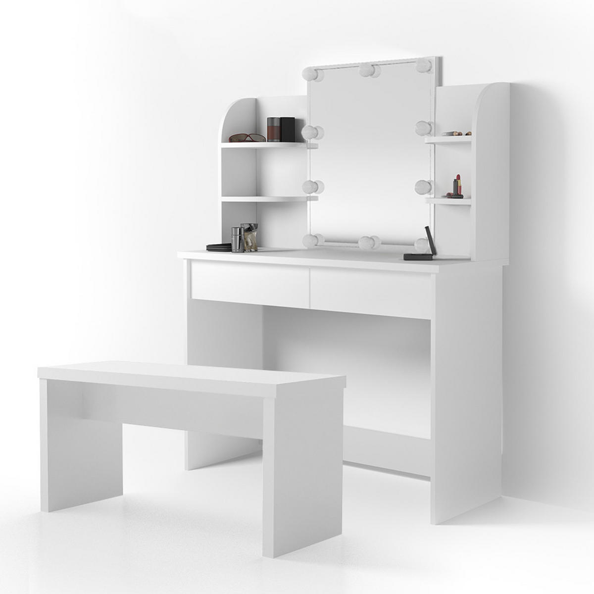 SCHMINKTISCH Charlotte Weiß 108 cm mit LED Beleuchtung und Bank - Weiß, Holzwerkstoff (108/139/40cm) - Vicco
