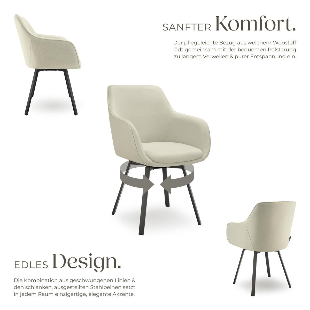 ARMLEHNSTUHL drehbarer 6er Set Alicon 57 x 59 x 88 cm greige - Greige, Textil (57/88/59cm) - tectake