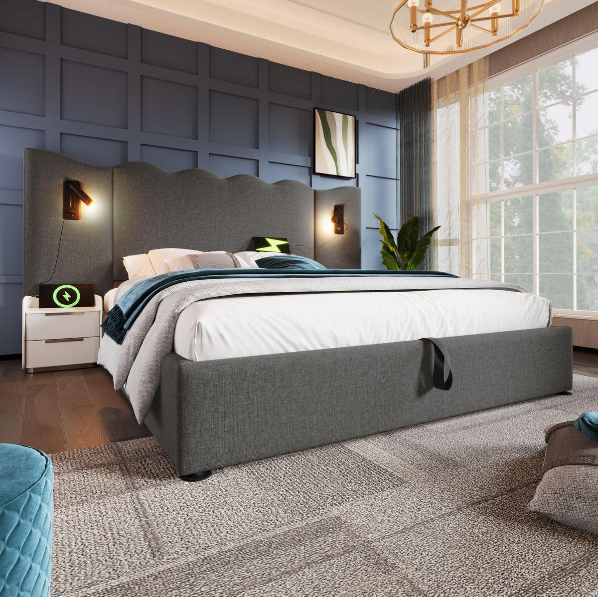 POLSTERBETT 180/200 cm Grau mit Stauraum, Leselampe und USB- und Type-C-Anschlüssen - Grau, Textil (180/200cm) - Flora Grace