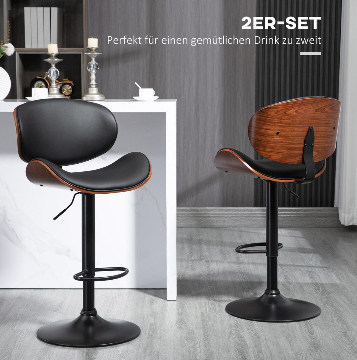 BARHOCKER höhenverstellbar 53 x 52 x 92-112 cm Kunstleder Schwarz 2er-Set - Schwarz, Metall (52/112/53cm) - Meubliv