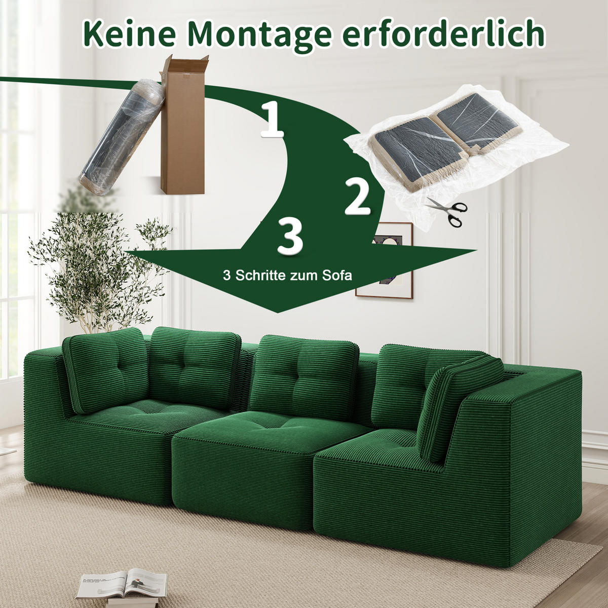 ECKSOFA 297/104/69 cm grün aus Cord mit 74 cm Sitztiefe und modularem Design - Grün, Textil (104/297cm) - OKWISH