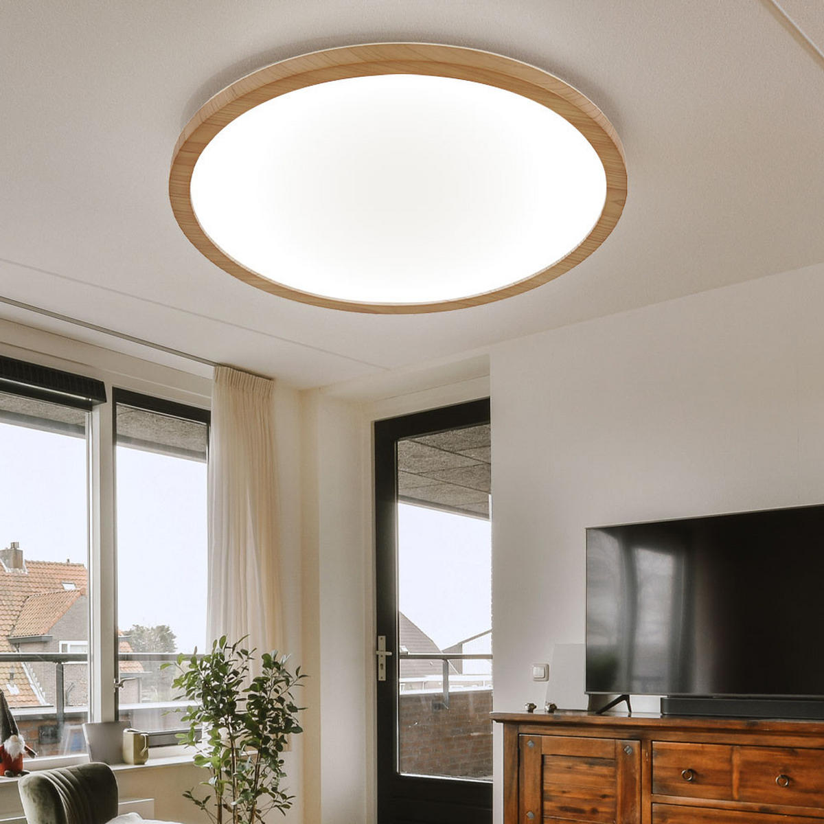 LED DECKENLEUCHTE Holzoptik Braun - Braun, Kunststoff (42/42/2.5cm) - Globo Lighting