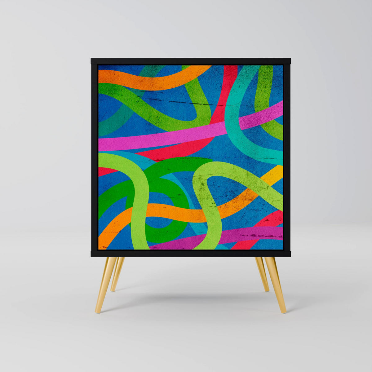 SIDEBOARD STREAMER TANGLE, Schwarz, 57,5x42x67,5 cm, Schwarze Metall-Rahmenfüße - Multicolor/Schwarz, Holzwerkstoff/Metall (57.5/67.5/42cm) - SpaceRebels
