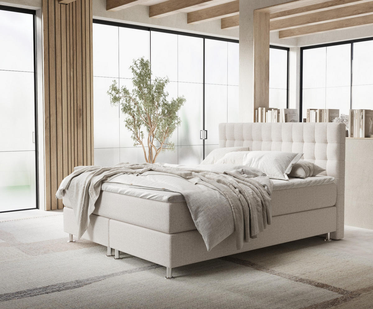BOXSPRINGBETT Sorrento Hellbeige 140/200 cm mit Latex-Topper - Beige/Silberfarben, Holz/Holzwerkstoff (140/200cm) - Maison de Reve