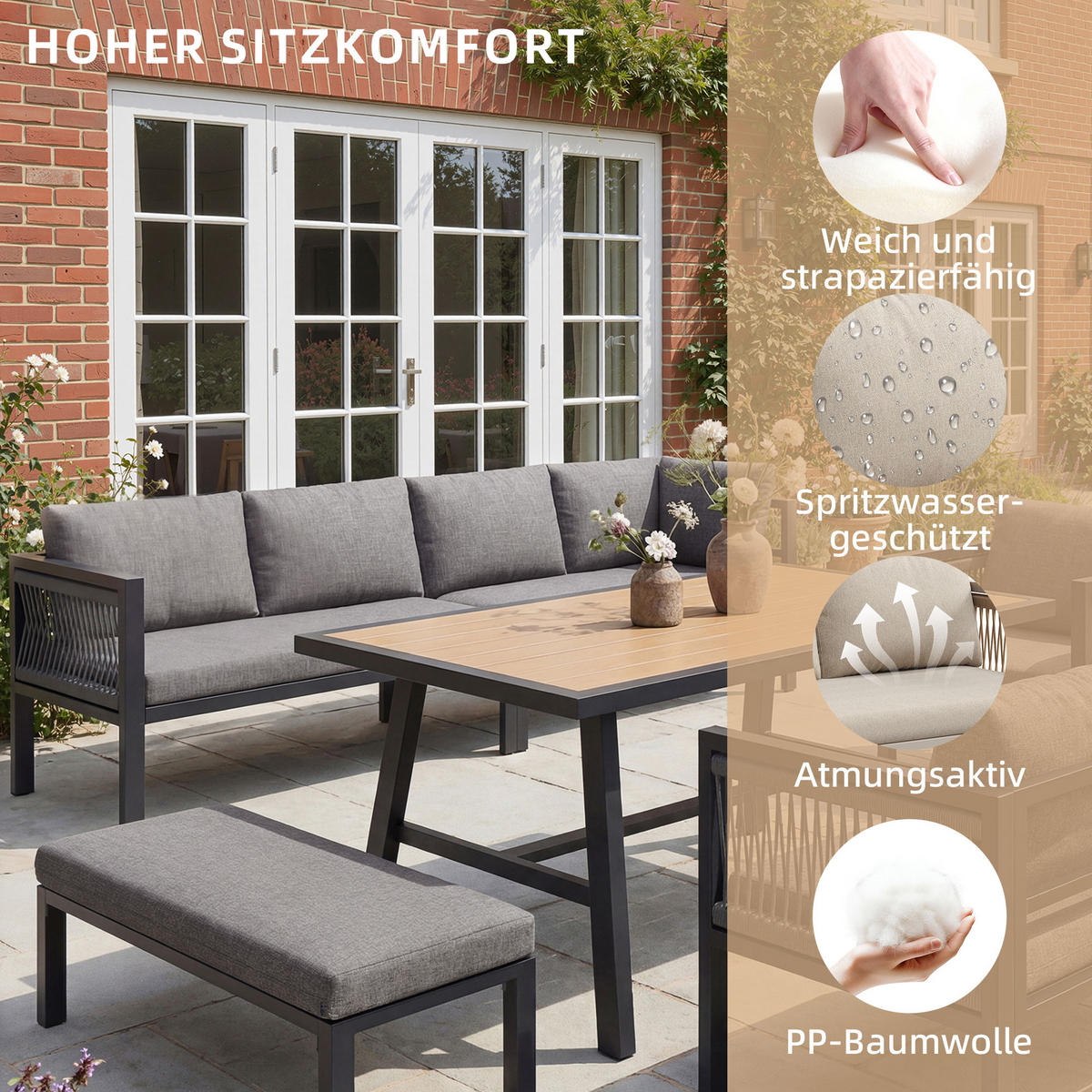 GARTENLOUNGE 6tlg Grau Beige Ecksofa Tisch Hocker wetterfest - Grau, Metall - FLIEKS