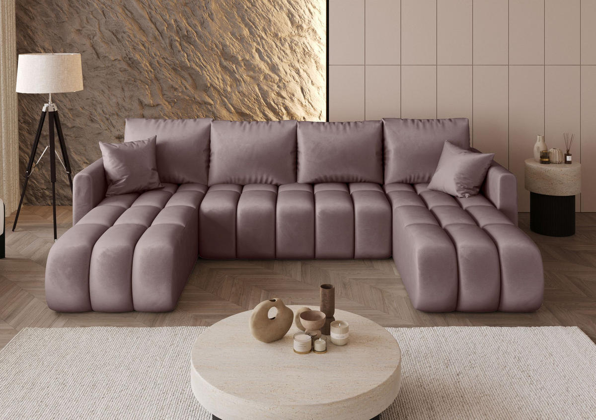 WOHNLANDSCHAFT GARDA U-Form dunkelrosa Velours Monolith 62 - Schlaffunktion, Bettkasten - Pink, Textil (305/88/150cm) - Cornero