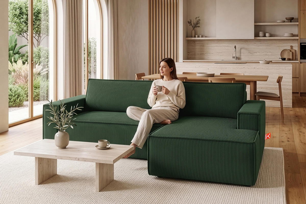 ECKSCHLAFSOFA-RECHTS NAPI in Pet Friendly Cord-Stoff, dunkelgrün - Dunkelgrün/Schwarz, Textil (262/148cm) - KONSIMO®