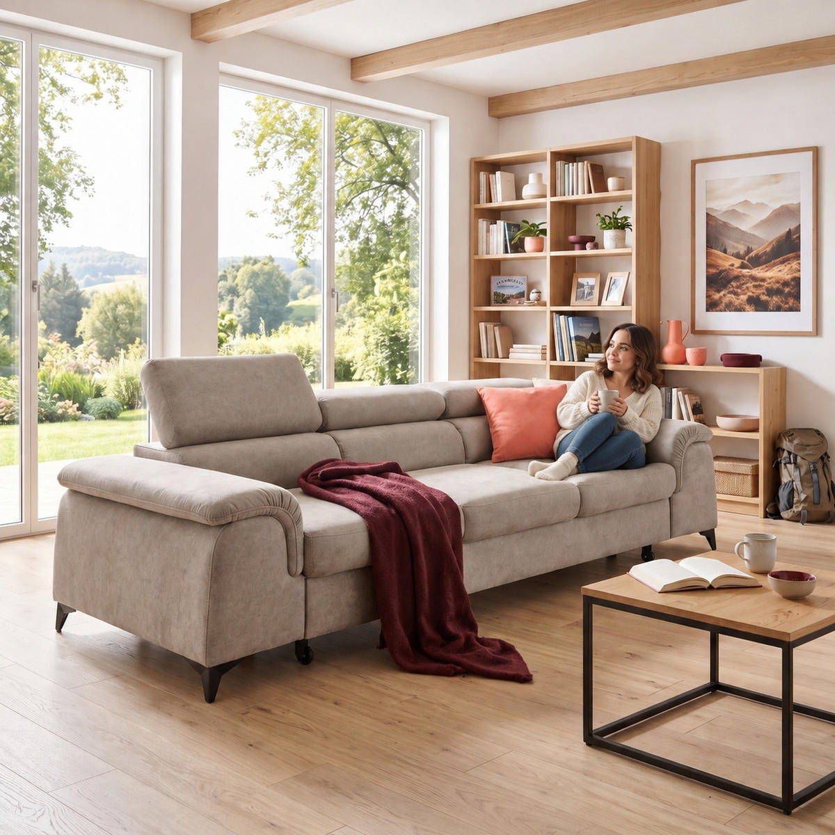 3-SITZER Sofa PLAZA mit Schlaffunktion 127x195 Velours Beige - Beige/Schwarz, Holz/Textil (260/90/100cm) - Muffo