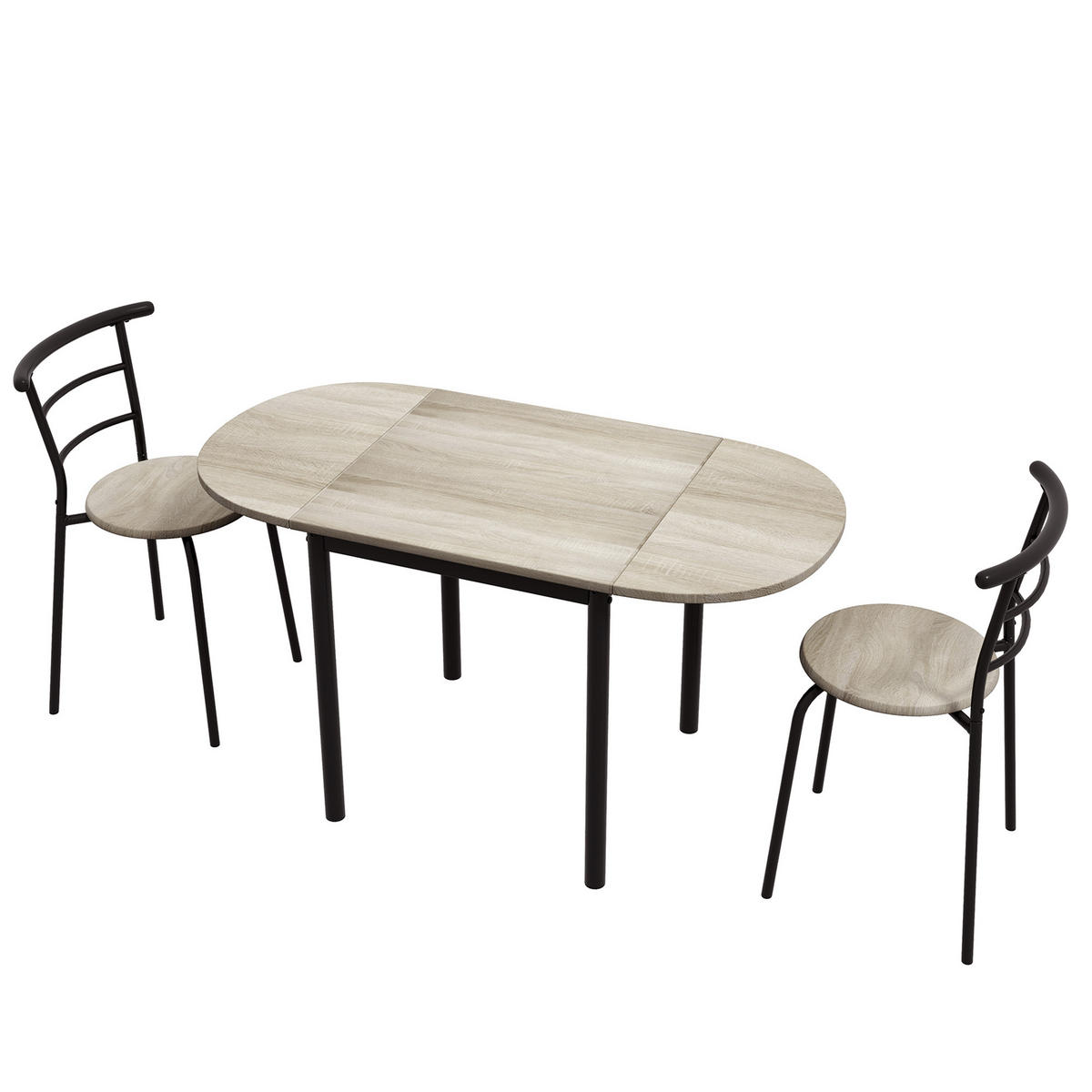 AUSZIEHBARER ovaler Tisch und 2 Stühle – Klapptisch – Metall und MDF – schwarz und natur - Eichefarben, Kunststoff (120/75/60cm)