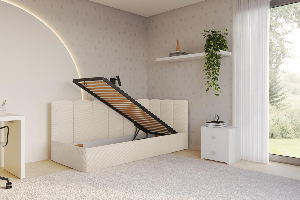 EINZELLBETT Jugendbett mit Bettkasten, Links - DEXY 90x200 Beige - Creme, Holzwerkstoff/Textil (90/200cm) - ALTDECOR